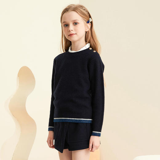 【女童条纹撞色羊绒衫】羊绒世家女童新品100%山羊绒衫时尚纽扣装饰条纹毛衣 商品图3