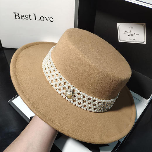 法式优雅平顶毛呢帽子女气质名媛仿羊毛礼帽秋冬英伦复古珍珠毡帽 商品图1