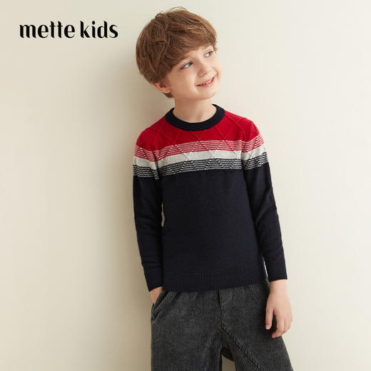 【男童夹花条纹撞色羊绒衫】羊绒世家秋冬童装男宝100%山羊绒内搭保暖毛衣 商品图0