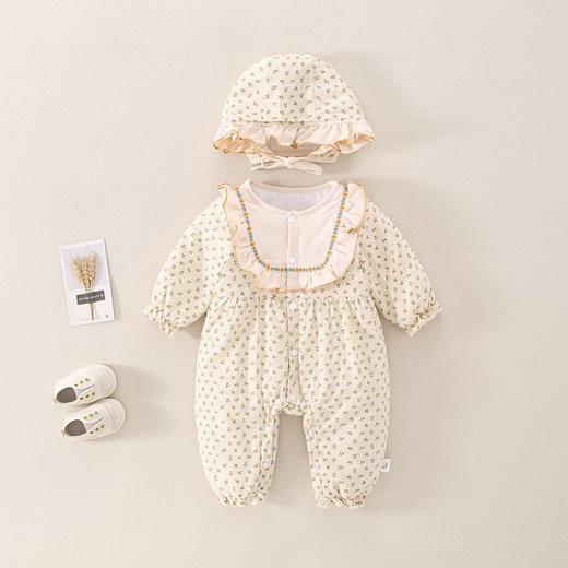 幸福满满女宝宝秋冬夹棉连体衣洋气婴幼儿碎花套装百天小孩外出服（送帽） 商品图3