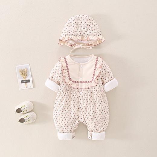 幸福满满女宝宝秋冬夹棉连体衣洋气婴幼儿碎花套装百天小孩外出服（送帽） 商品图1