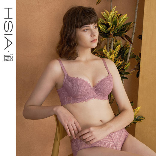 HSIA遐 内衣女薄秋色迷人蕾丝性感上托夹棉防凸点bra大胸显小文胸 商品图0