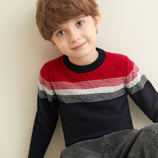 【男童夹花条纹撞色羊绒衫】羊绒世家秋冬童装男宝100%山羊绒内搭保暖毛衣 商品图1