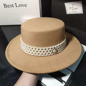 法式优雅平顶毛呢帽子女气质名媛仿羊毛礼帽秋冬英伦复古珍珠毡帽