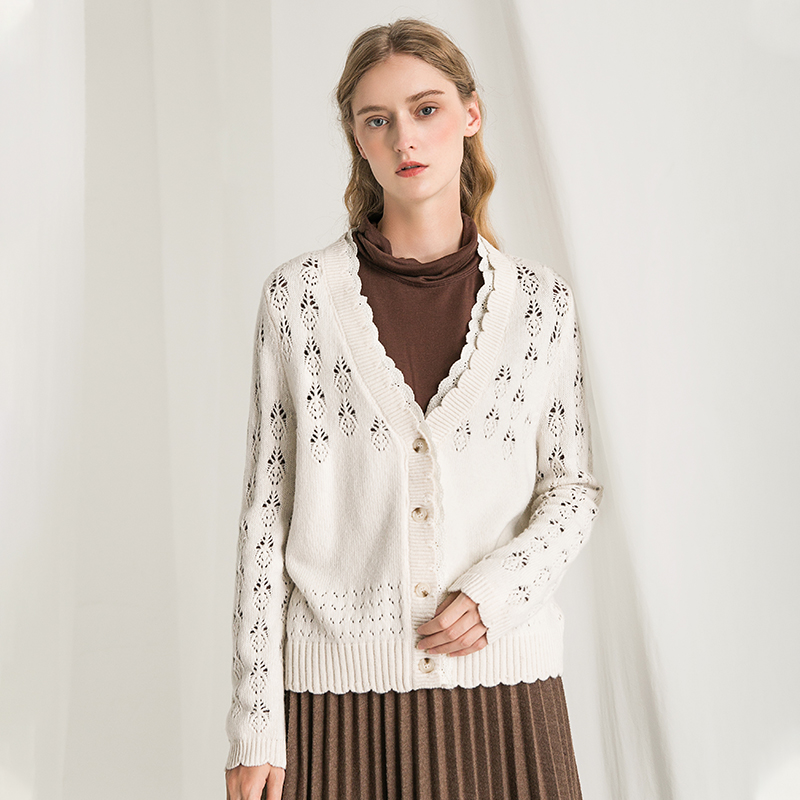 famecoco范可儿短毛衣外套开衫女秋冬镂空针织上衣F218DE001