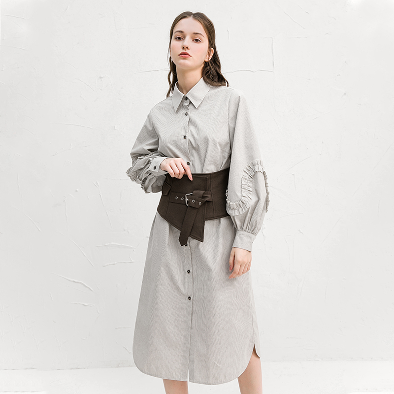 famecoco范可儿连衣裙女气质条纹秋冬款收腰灯笼袖a字裙F218FA004