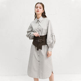 famecoco范可儿连衣裙女气质条纹秋冬款收腰灯笼袖a字裙F218FA004