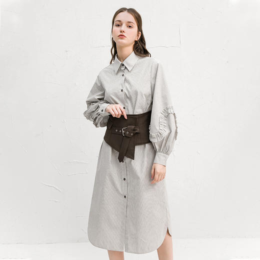 famecoco范可儿连衣裙女气质条纹秋冬款收腰灯笼袖a字裙F218FA004 商品图0