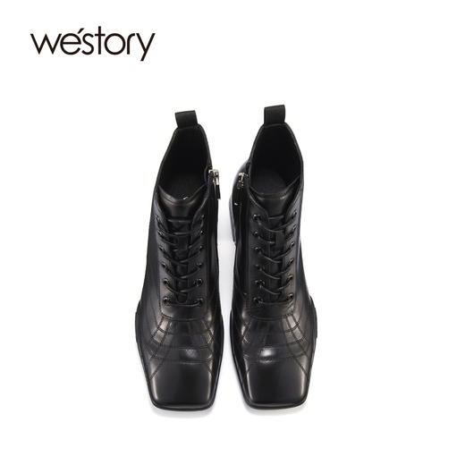 westory2021秋季新款粗跟时装靴系带压纹方头短靴S21DS44621 商品图2