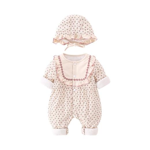 幸福满满女宝宝秋冬夹棉连体衣洋气婴幼儿碎花套装百天小孩外出服（送帽） 商品图4