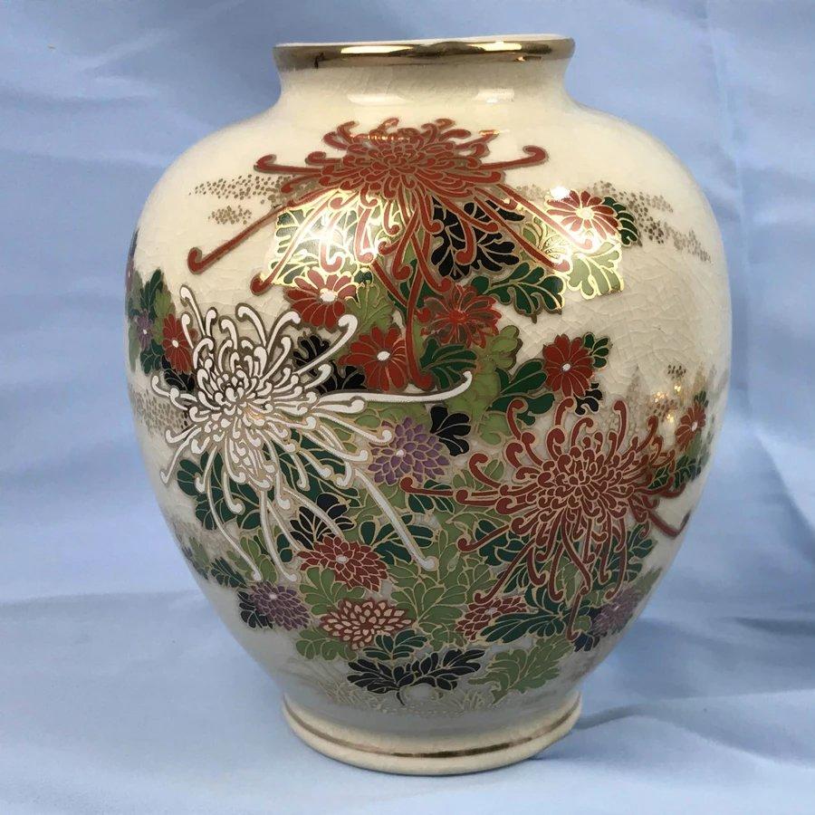 日本九谷烧正峰窑菊花花瓶一套 2件装 原木盒保留 实物见视频