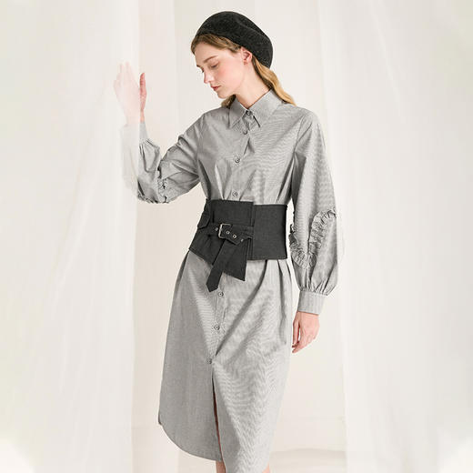 famecoco范可儿连衣裙女气质条纹秋冬款收腰灯笼袖a字裙F218FA004 商品图2