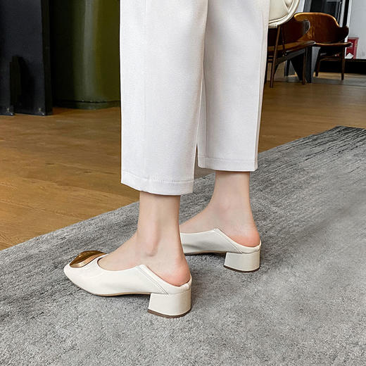 ZHR【金属扣饰】方头粗跟通勤鞋女婚鞋子女豆豆鞋皮鞋浅口女单鞋女鞋 商品图2