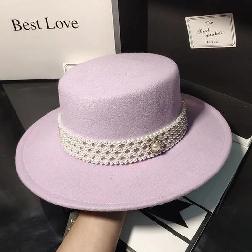 法式优雅平顶毛呢帽子女气质名媛仿羊毛礼帽秋冬英伦复古珍珠毡帽 商品图6