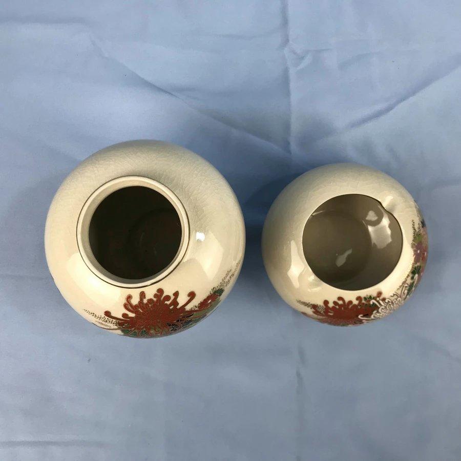 日本九谷烧正峰窑菊花花瓶一套 2件装 原木盒保留 实物见视频