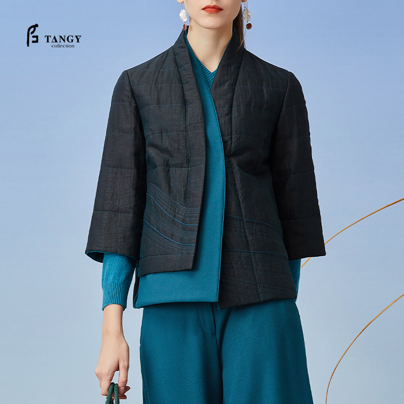 TANGY Collection/天意精品2021年秋冬新品莨绸拼接刺绣棉衣棉服