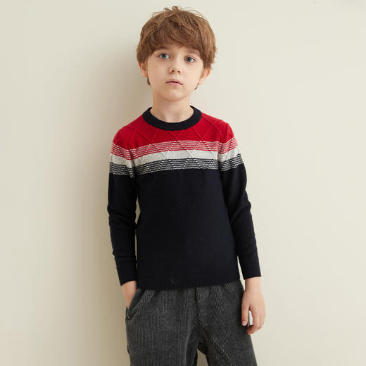 【男童夹花条纹撞色羊绒衫】羊绒世家秋冬童装男宝100%山羊绒内搭保暖毛衣 商品图2