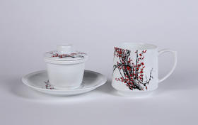 景德镇陶瓷 国瓷红叶 大福杯碟--红梅花开