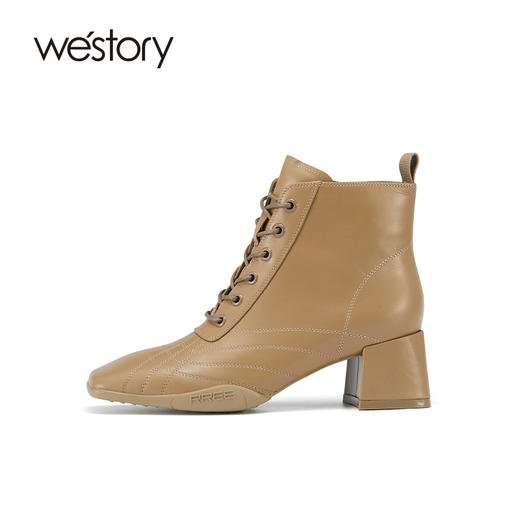 westory2021秋季新款粗跟时装靴系带压纹方头短靴S21DS44621 商品图1