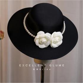 英伦法式优雅黑色珍珠山茶花缎带赫本风礼帽