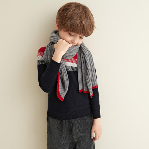 【男童夹花条纹撞色羊绒衫】羊绒世家秋冬童装男宝100%山羊绒内搭保暖毛衣 商品图3