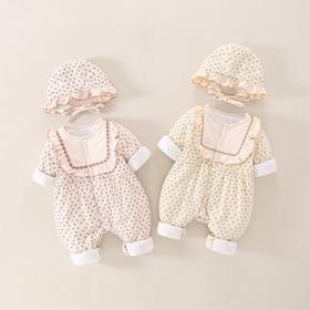 幸福满满女宝宝秋冬夹棉连体衣洋气婴幼儿碎花套装百天小孩外出服（送帽）