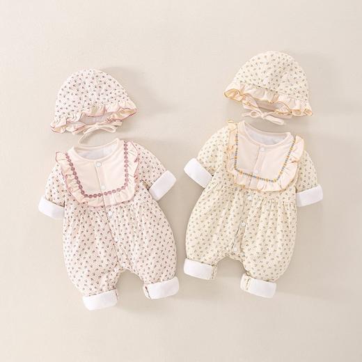 幸福满满女宝宝秋冬夹棉连体衣洋气婴幼儿碎花套装百天小孩外出服（送帽） 商品图0