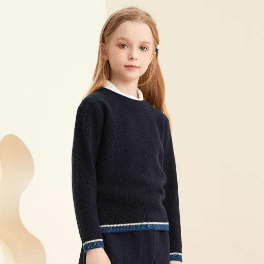 【女童条纹撞色羊绒衫】羊绒世家女童新品100%山羊绒衫时尚纽扣装饰条纹毛衣 商品图4