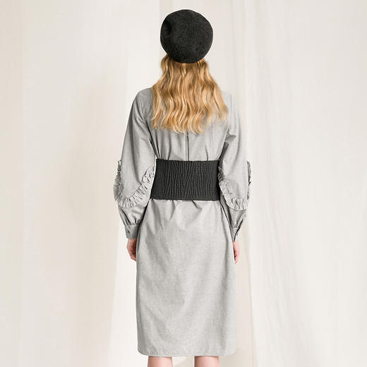 famecoco范可儿连衣裙女气质条纹秋冬款收腰灯笼袖a字裙F218FA004 商品图3