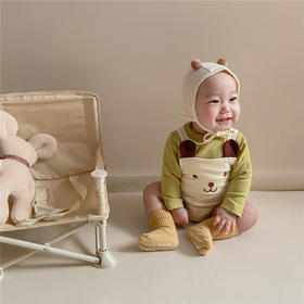幸福满满INS款秋冬婴幼童男女宝宝可爱熊熊无袖背带哈衣+帽子