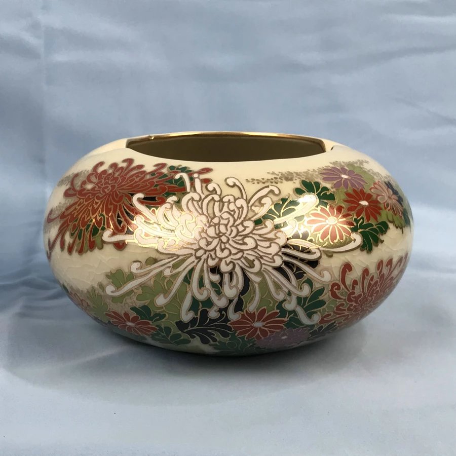 日本九谷烧正峰窑菊花花瓶一套 2件装 原木盒保留 实物见视频