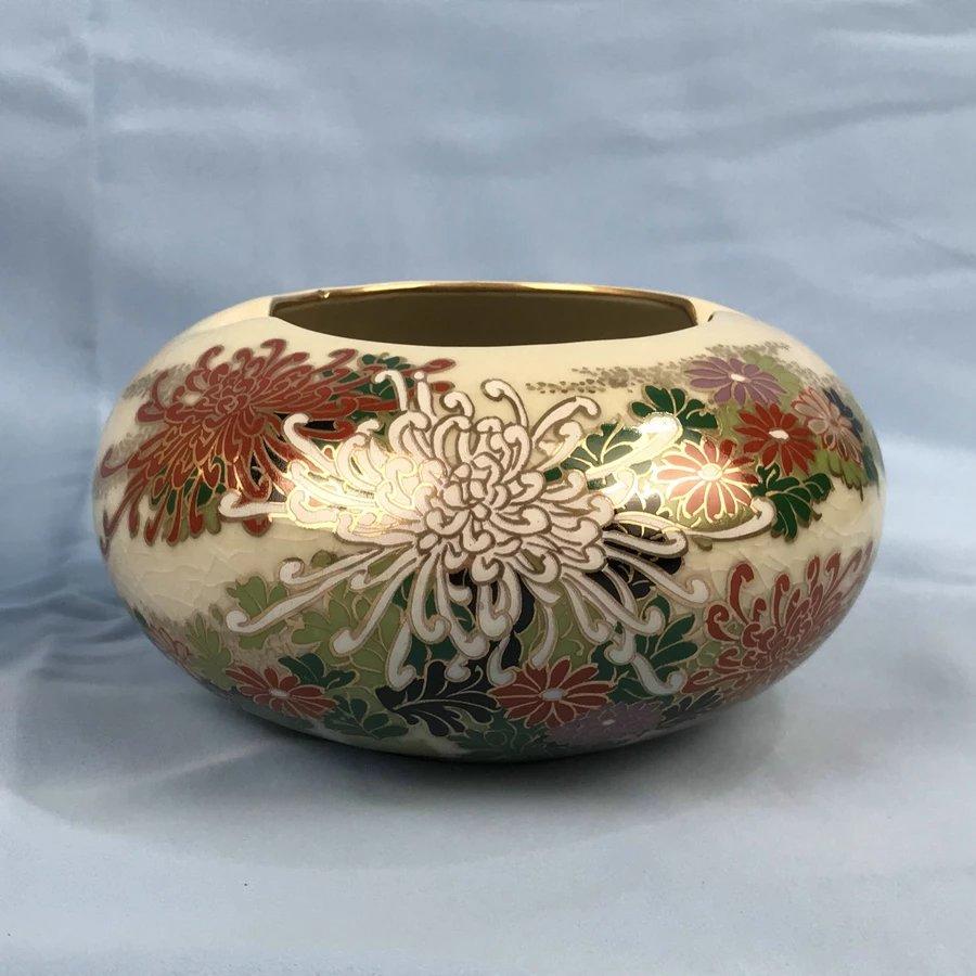 日本九谷烧正峰窑菊花花瓶一套 2件装 原木盒保留 实物见视频