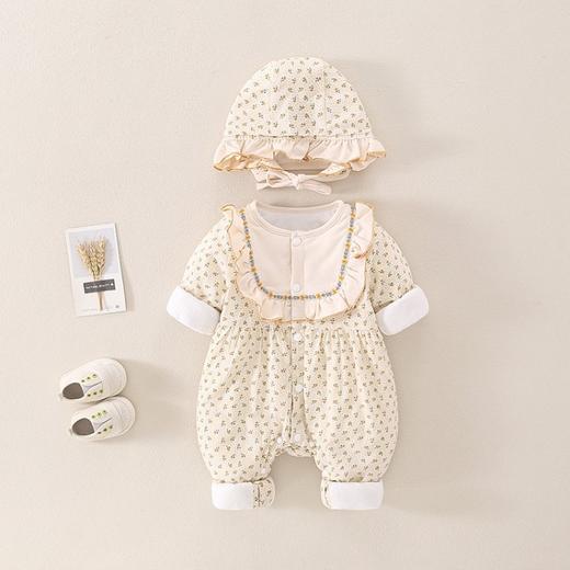 幸福满满女宝宝秋冬夹棉连体衣洋气婴幼儿碎花套装百天小孩外出服（送帽） 商品图2