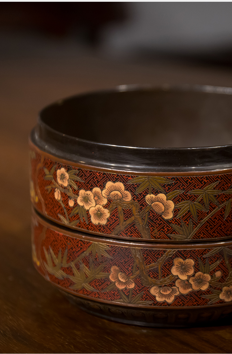 明代 大漆戗金龙凤纹圆形双联盒