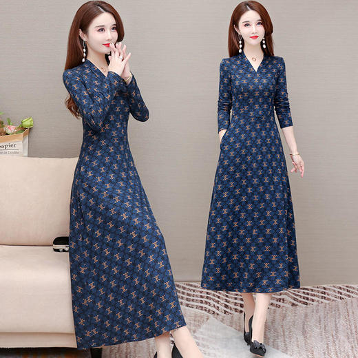 YWE-KED91682新款修身长袖气质大码时尚貂绒印花连衣裙 商品图3