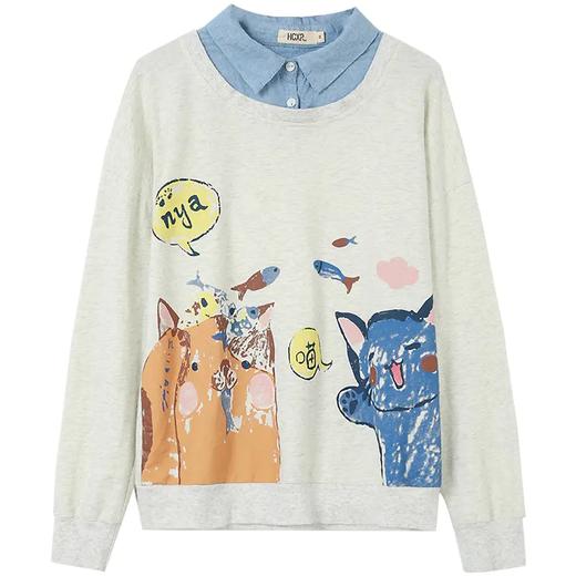 GYMD7303 2021年新款假两件长袖T恤宽松印花文艺休闲卫衣女士春秋薄款 商品图3