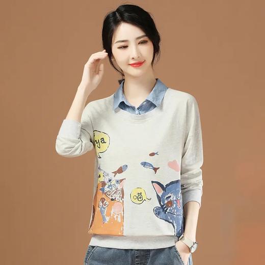 GYMD7303 2021年新款假两件长袖T恤宽松印花文艺休闲卫衣女士春秋薄款 商品图0