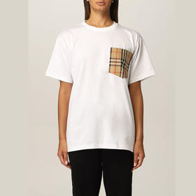 【一】BURBERRY 巴宝莉 女士 Vintage 格纹口袋棉质宽松圆领短袖T恤 白色 8043386 A1464
