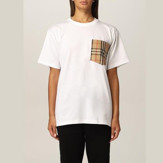 【一】BURBERRY 巴宝莉 女士 Vintage 格纹口袋棉质宽松圆领短袖T恤 白色 8043386 A1464 商品图0