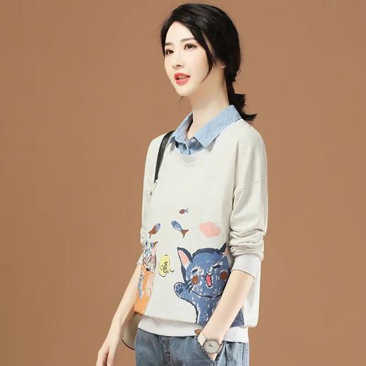 GYMD7303 2021年新款假两件长袖T恤宽松印花文艺休闲卫衣女士春秋薄款 商品图2