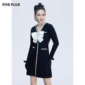 FIVE PLUS女秋装蝴蝶结连衣裙女设计感珍珠针织裙子长袖2NN3084230