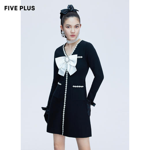 FIVE PLUS女秋装蝴蝶结连衣裙女设计感珍珠针织裙子长袖2NN3084230 商品图0