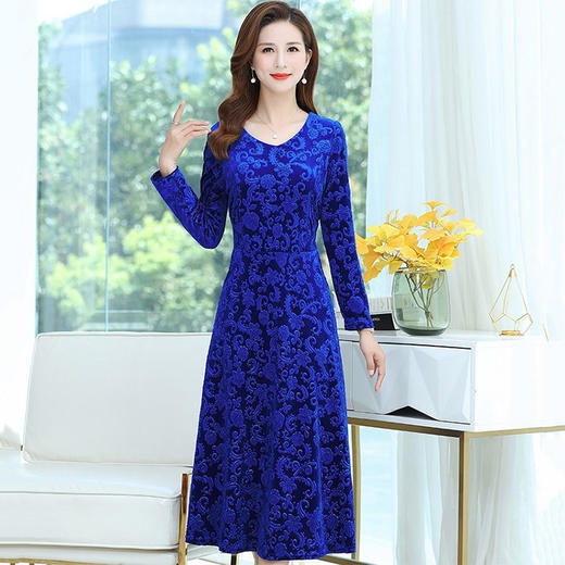 大码宽松遮肉显瘦裙中年妈妈春秋冬季金丝绒连衣裙长款过膝 ZQ9918 商品图1