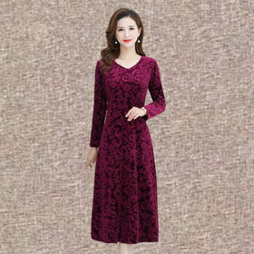 大码宽松遮肉显瘦裙中年妈妈春秋冬季金丝绒连衣裙长款过膝 ZQ9918