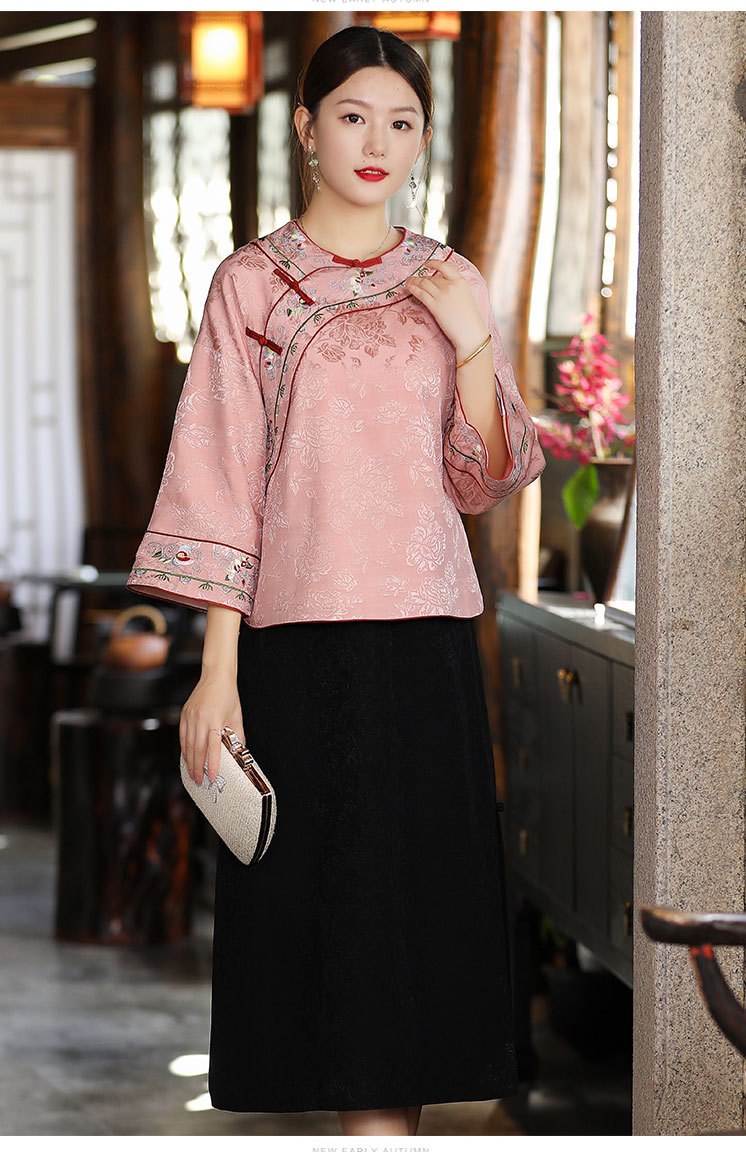 2021秋季新款复古民国风圆领女装刺绣上衣唐装盘扣斜襟外套 og99825