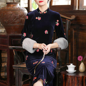 立领气质，民族风袖子毛领中长款显修腰连衣裙OG-6982