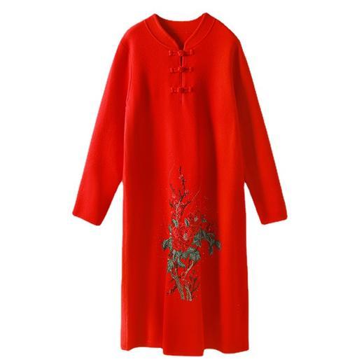 qf-72-8633红色烫钻盘扣立领旗袍春秋装针织绣花连衣裙 商品图3