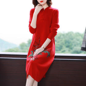 qf-72-8633红色烫钻盘扣立领旗袍春秋装针织绣花连衣裙