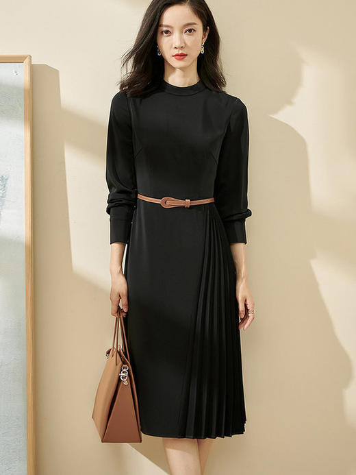 米思阳知性轻熟连衣裙小众不规则百褶2025新款中长款黑色裙子2309 商品图2