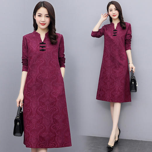 优雅气质，V领撞色盘扣中长款复古连衣裙HR-XYUX3213 商品图3